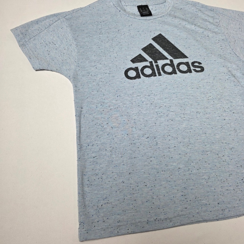 Adidas Graphic T-Shirt Women Small Blue Speckled Neps Distressed Logo Relaxed - Picture 2 of 11